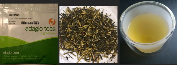 Package, dry tea, and tea liquor for the Kukicha loose leaf tea from Adagio Teas